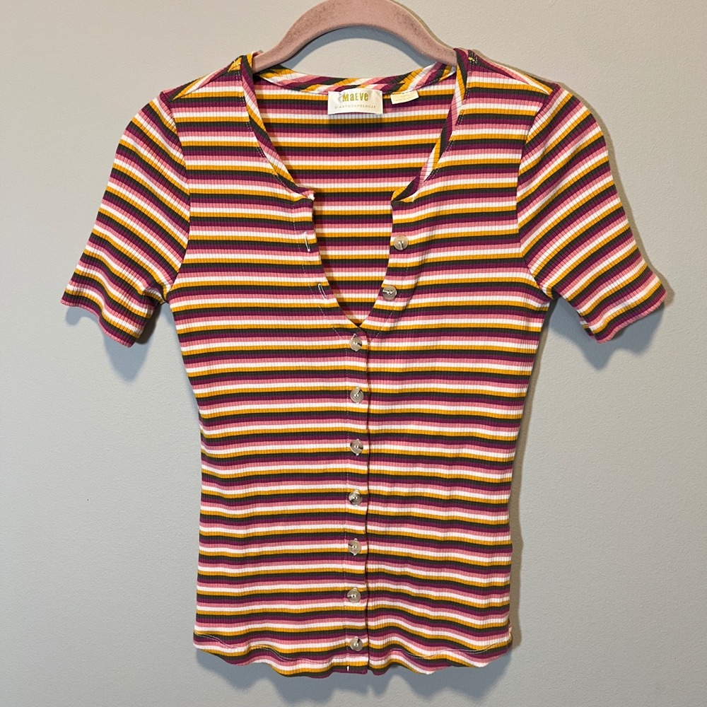 Maeve Anthropologie Women's XS Striped Ribbed Button Down Short Sleeve Top Pink